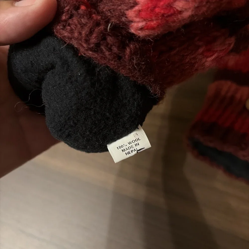 Made In Nepal Wool Fleece Lined Fingerless Gloves Convertible Mittens Red Pink